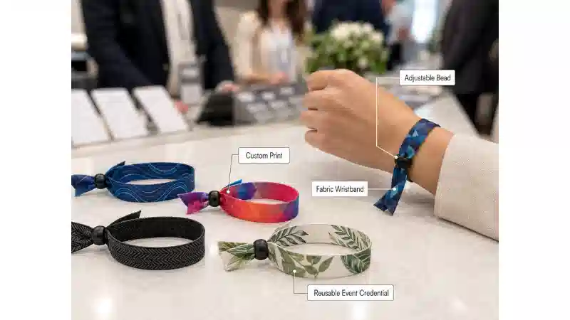 Custom adjustable bead fabric wristbands shown as reusable event credentials with visible Custom adjustable bead fabric wristbands shown as reusable event credentials with visible